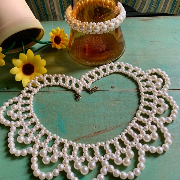 Mid-Century Faux White Pearl Lacy Collar Necklace & Bracelet - Vintage Bride - Picture 2 of 13
